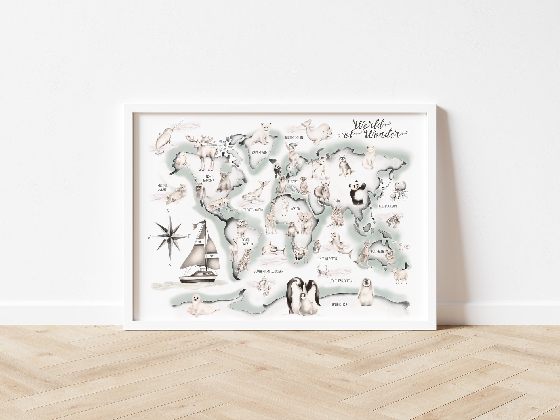 Green Animal World Map Print - Studio Q - Art by Nicky Quartermaine Scott