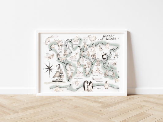 Green Animal World Map Print - Studio Q - Art by Nicky Quartermaine Scott